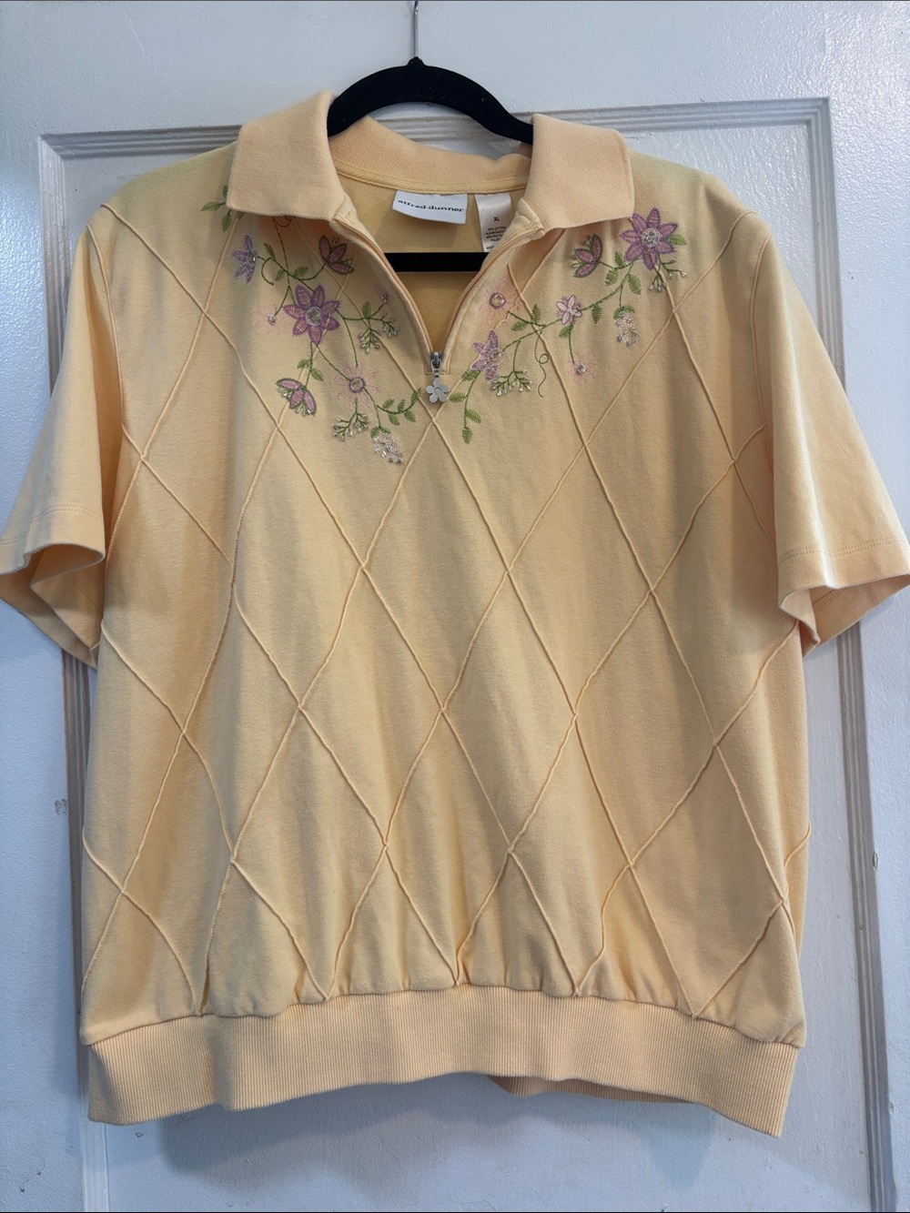Alfred Dunner Soft Yellow Short Sleeve Polo with Floral Embroidery